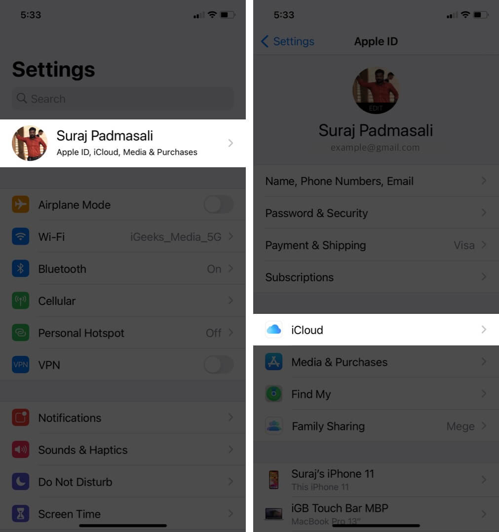 tap on profile and then tap on icloud on iphone