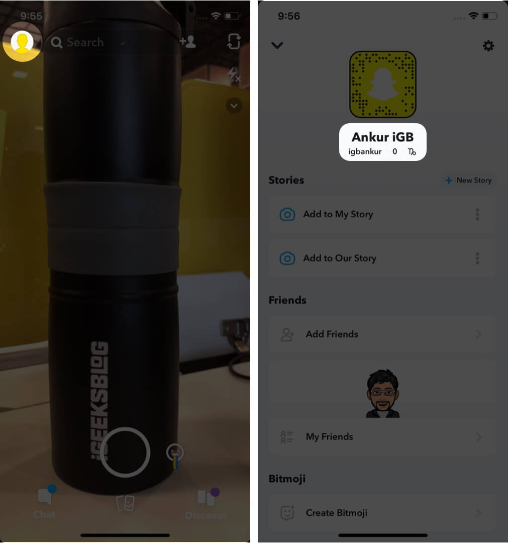 tap on profile and then tap on username in snapchat on iphone