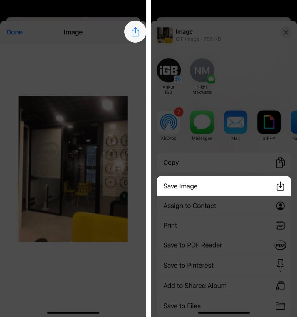 tap on share and tap save image to turn live photo into gif using shortcuts on iphone