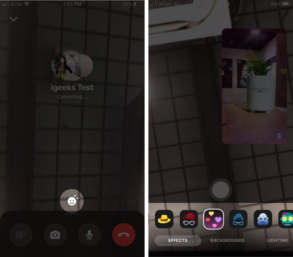 tap on smiley and select option to add effects on group video chat on messenger