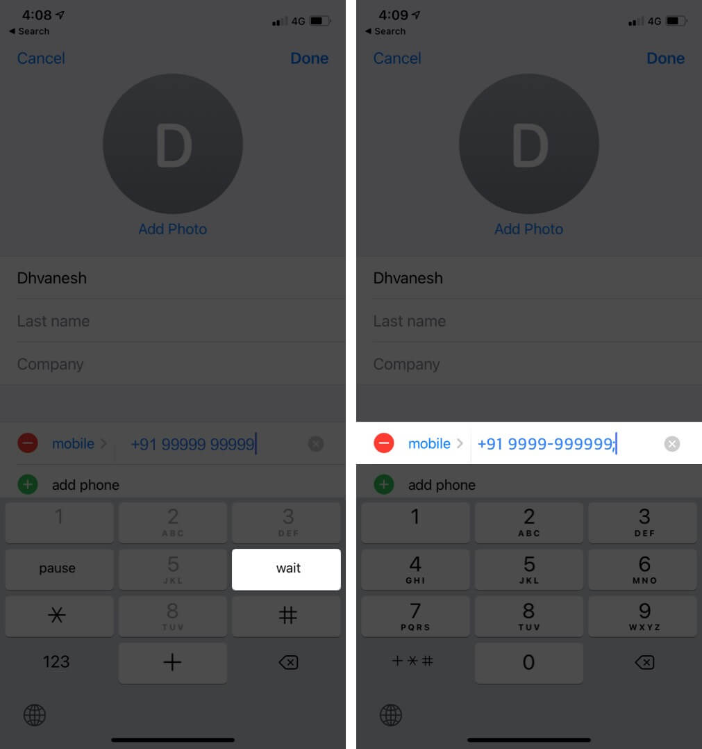 Tap on Wait to add Semicolon after Phone Number in Phone App on iPhone