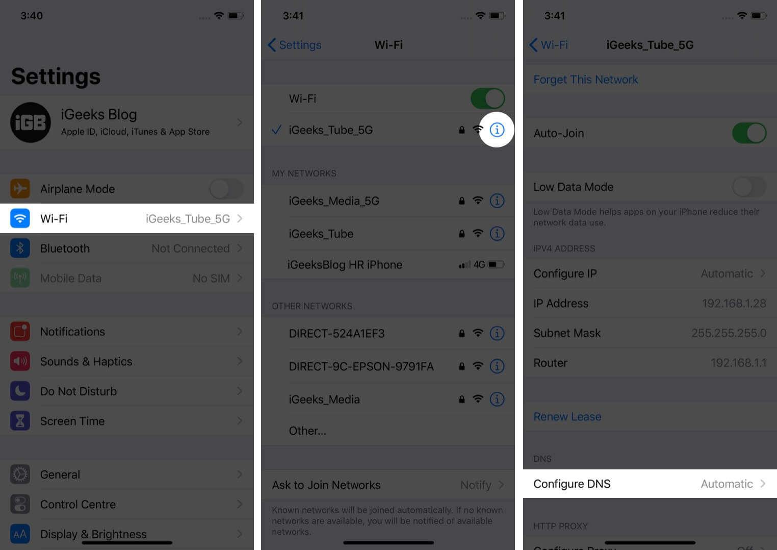 tap on wi-fi and tap on i next to wi-fi name then tap on configure dns in settings on iphone