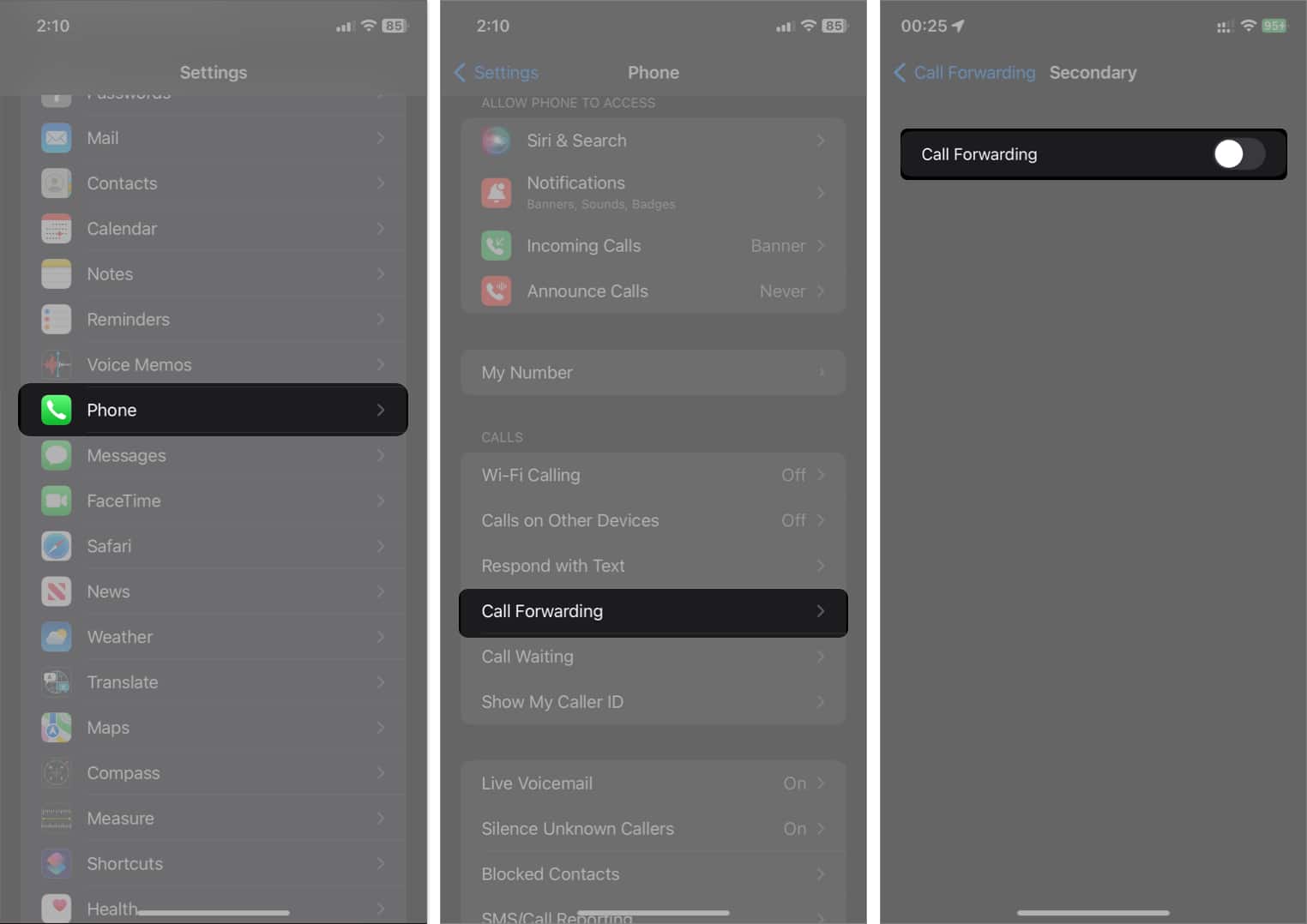 Tap phone tap call forwarding toggle on call forwarding in settings