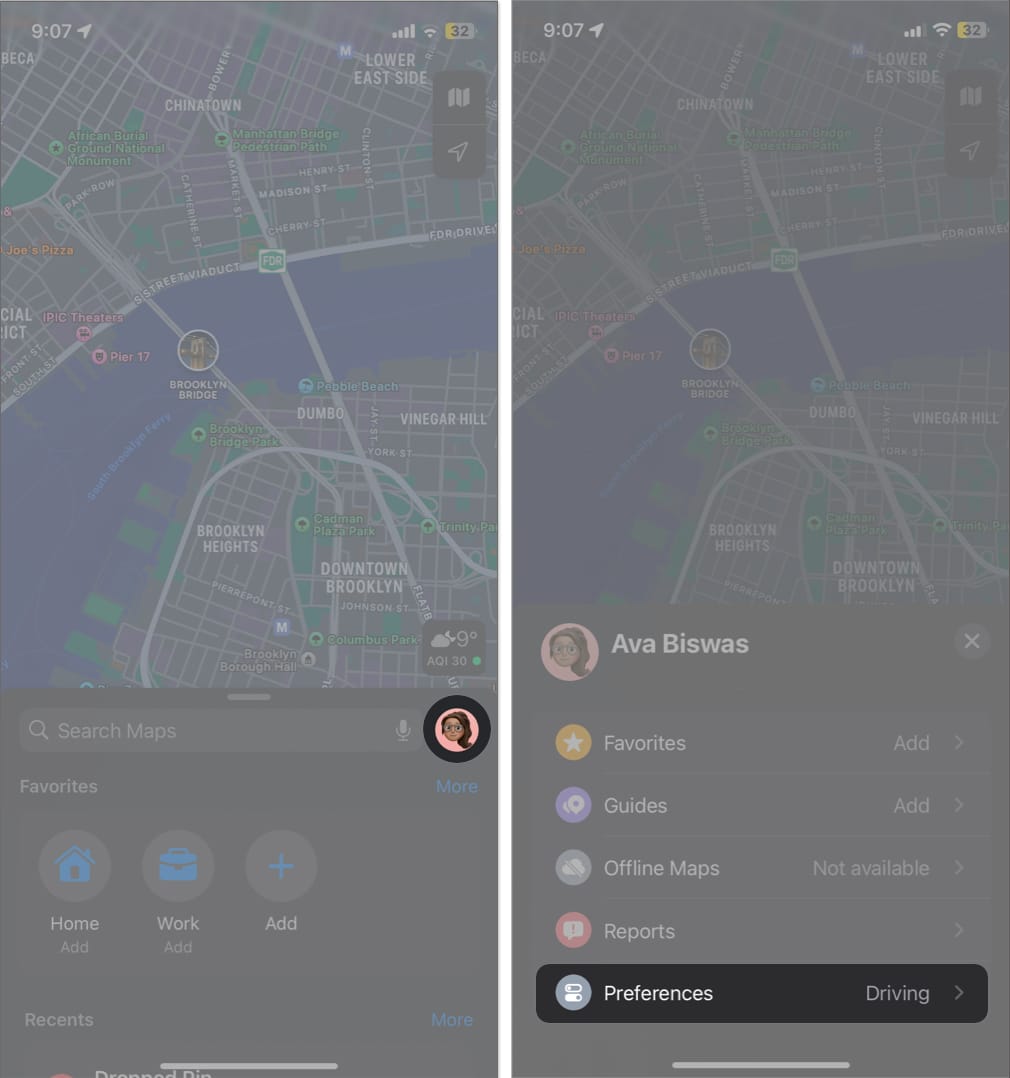 tap profile picture and select preferences in apple maps