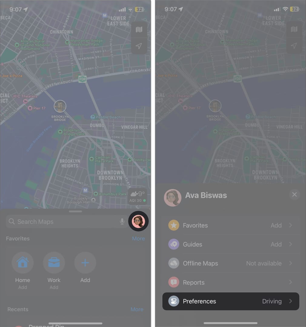 Tap profile picture and select preferences in apple maps