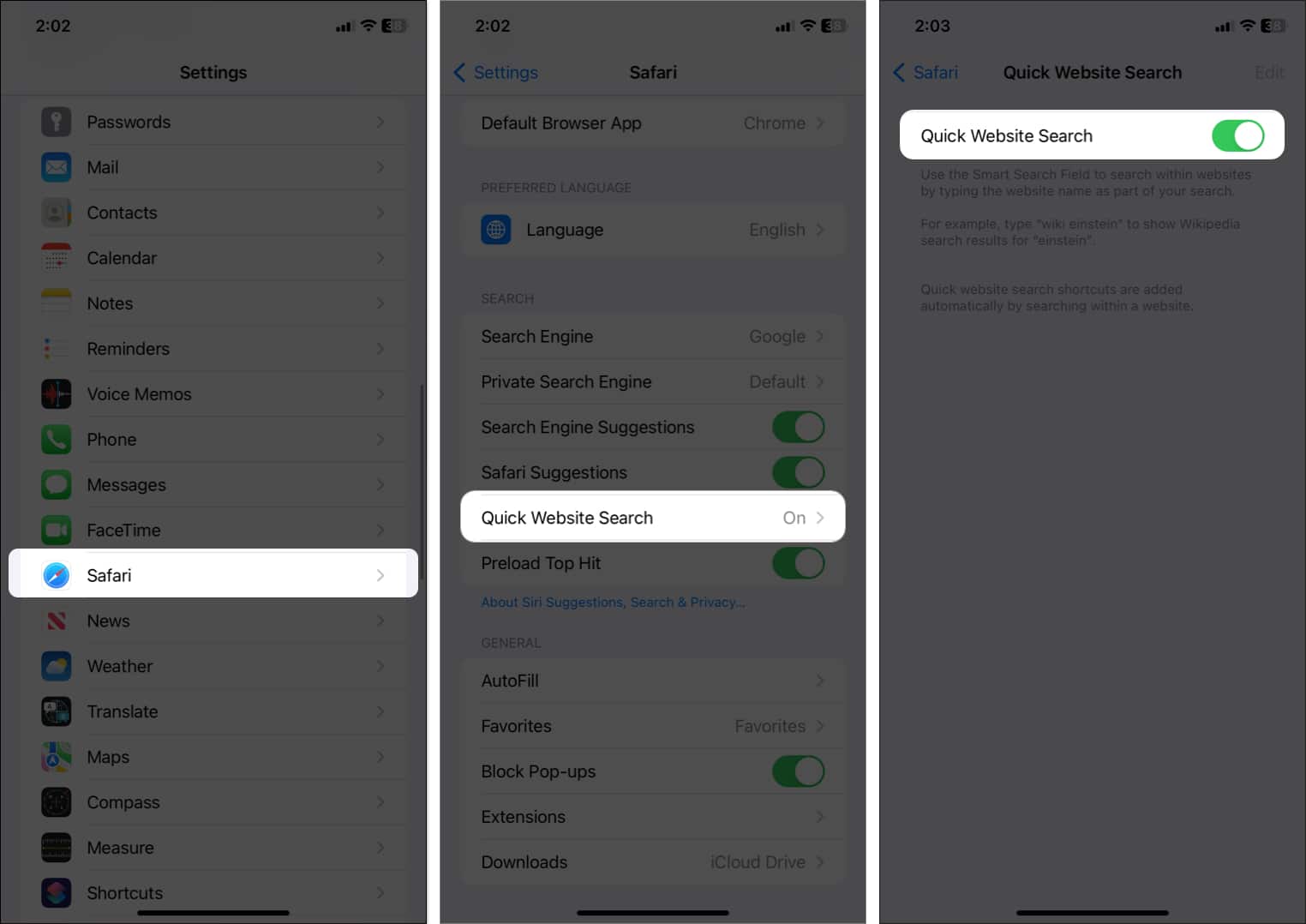 Tap safari select quick website search toggle on in settings tap safari, select quick website search, toggle on in settings