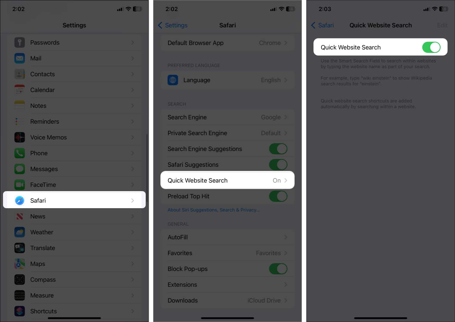 tap safari, select quick website search, toggle on in settings