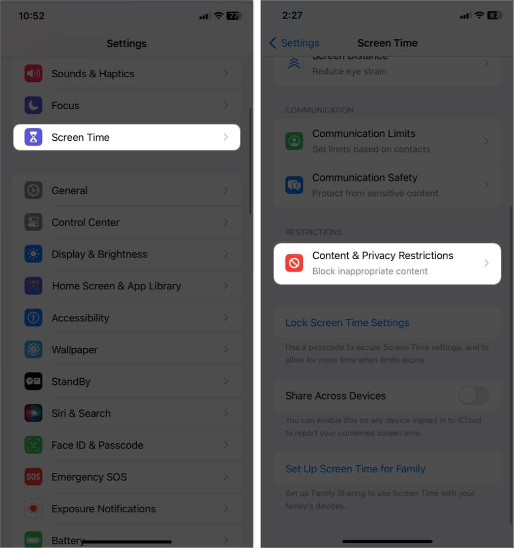 tap screen time, content and privacy restrictions in settings