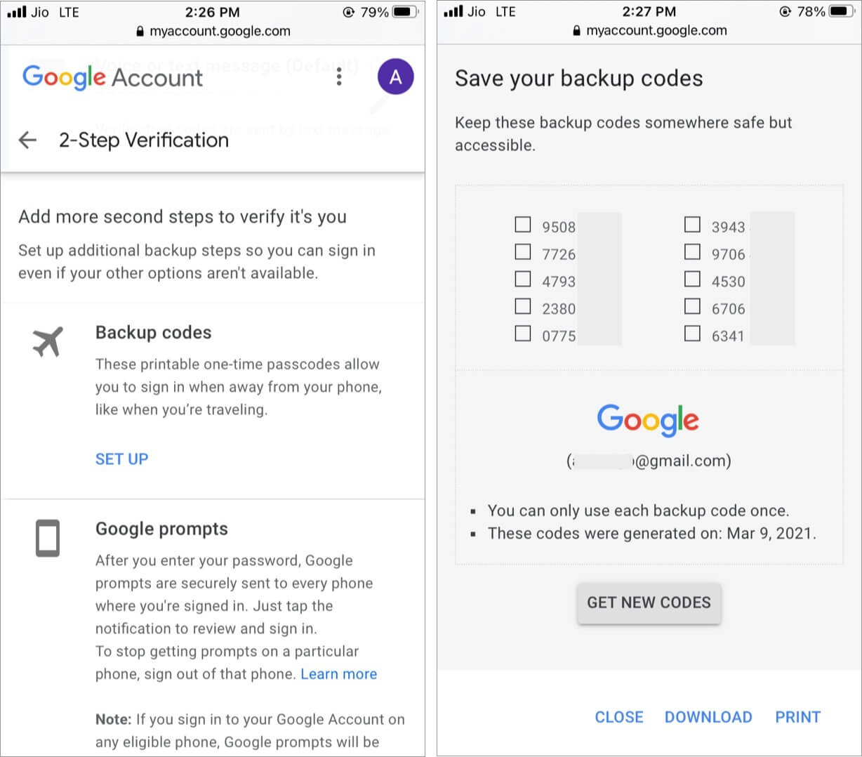 Tap SET UP to get Backup codes