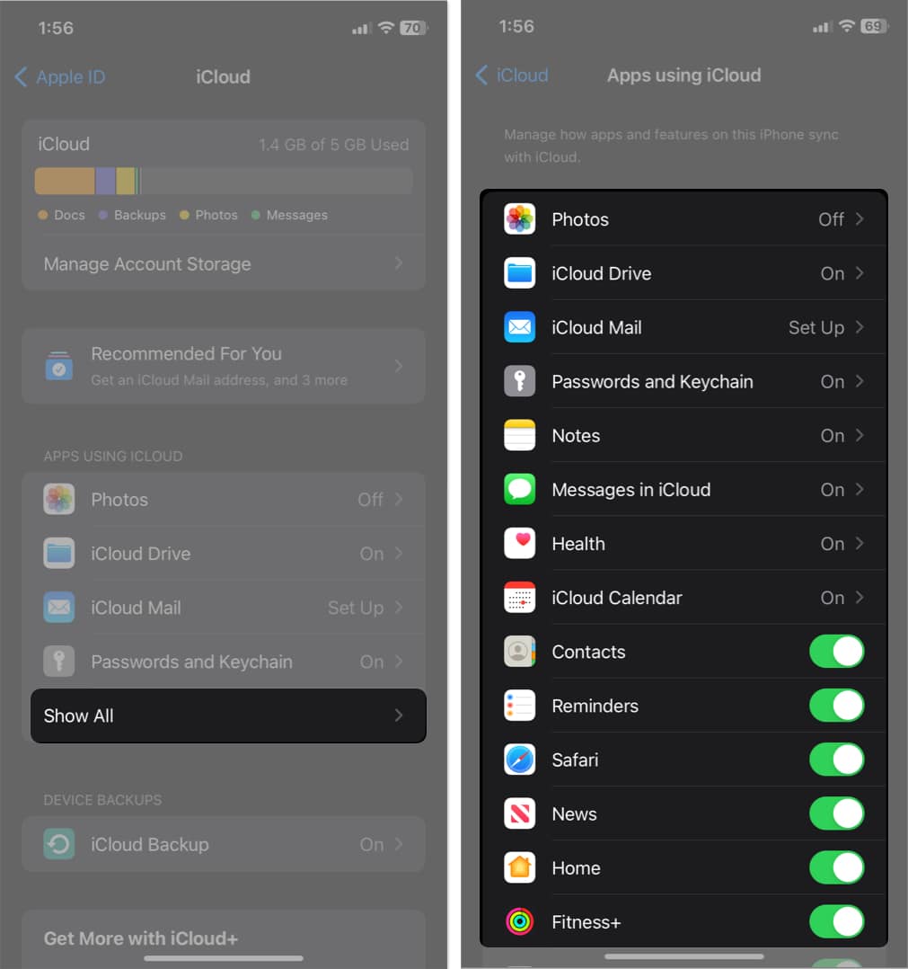 tap show all, turn on all in icloud settings