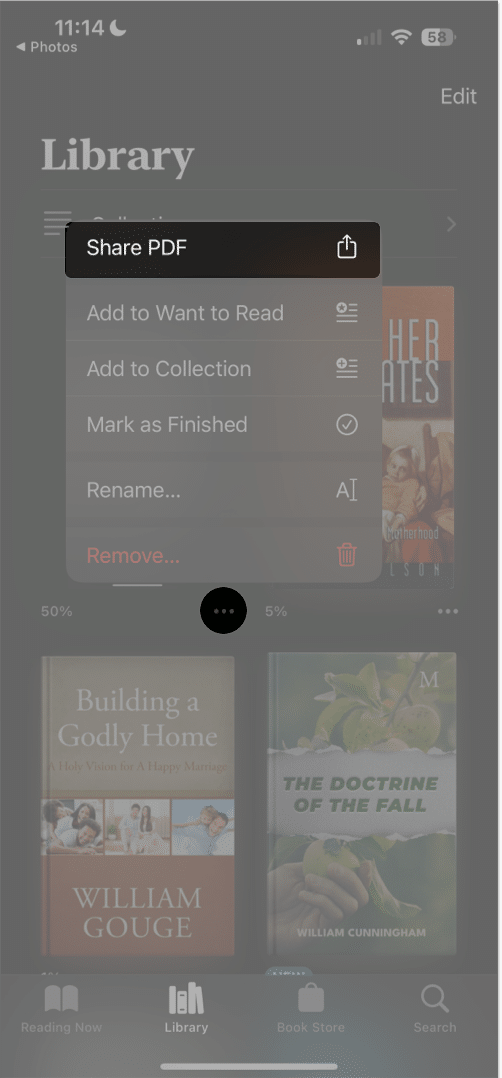 tap three dots icon, select share pdf in books 