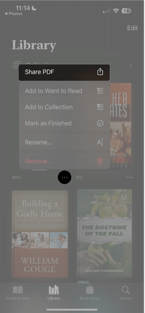 tap three dots icon, select share pdf in books