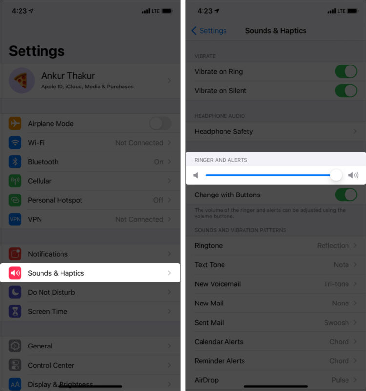 Test iPhone speakers by playing ringtone from Settings app