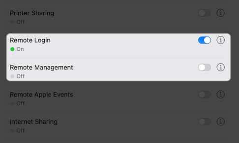 toggle on remote login and remote management in settings