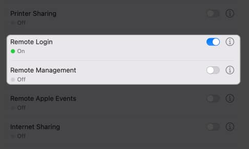 toggle on remote login and remote management in settings