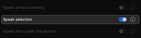 toggle on speak selection in system settings