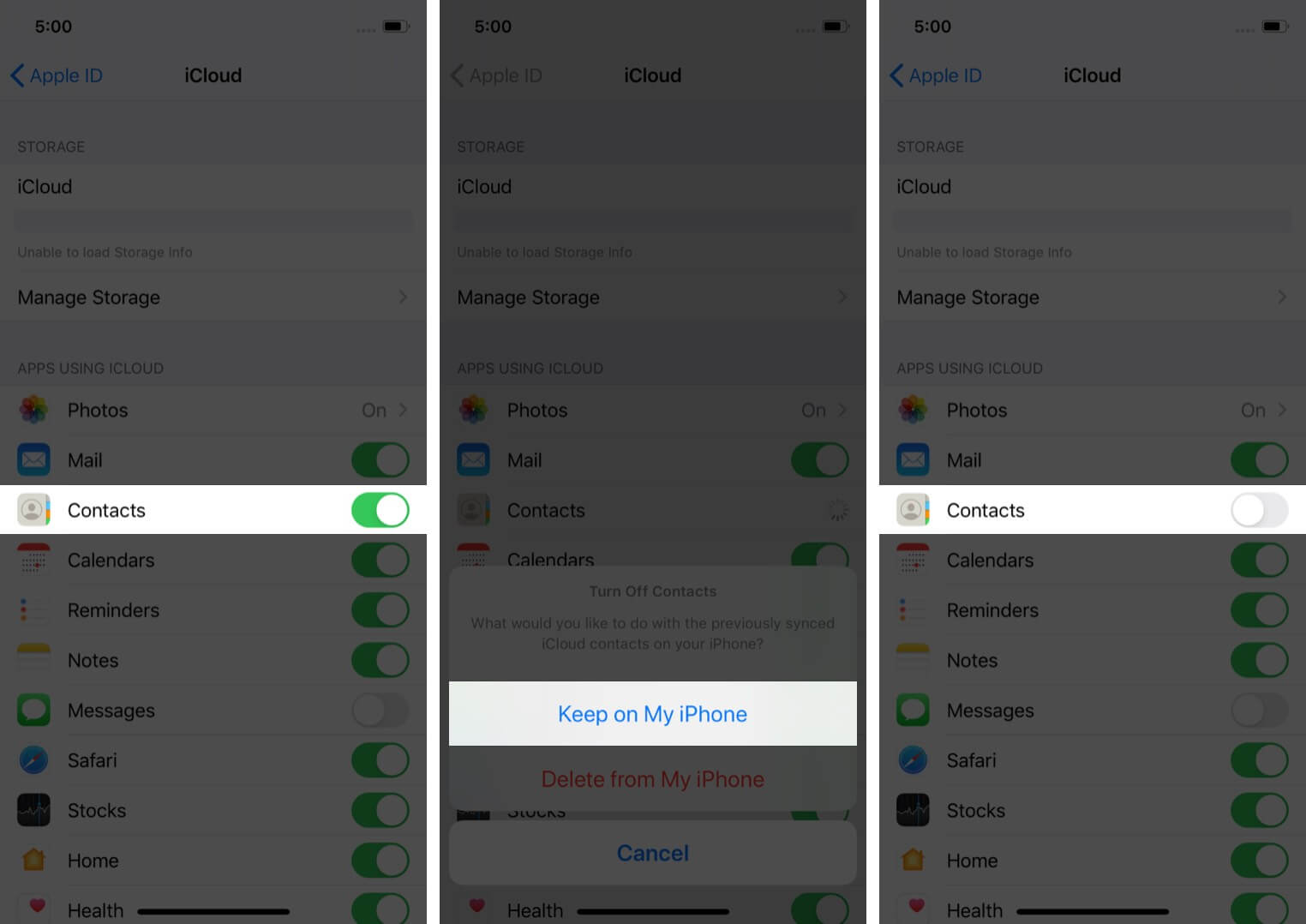 turn off contacts in icloud in iphone settings
