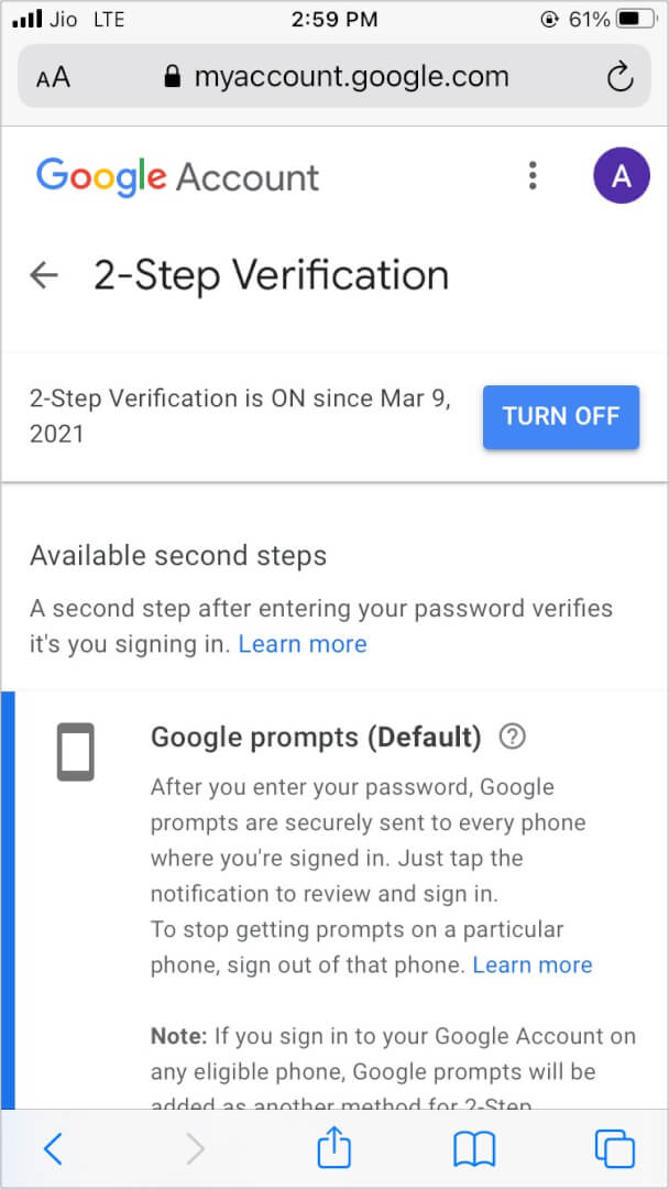 Turn off Google 2-Step Verification