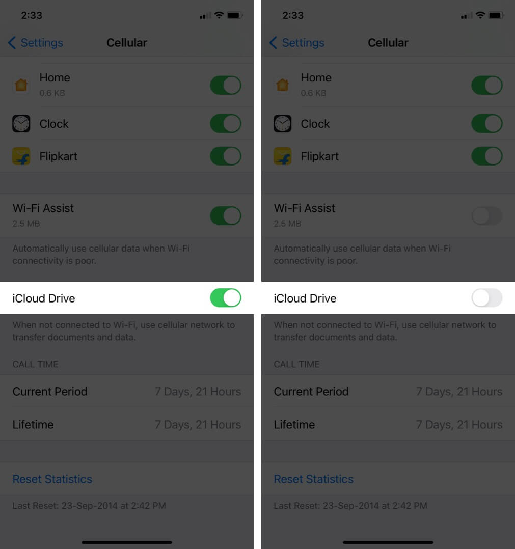 turn off icloud drive in cellular data settings on iphone