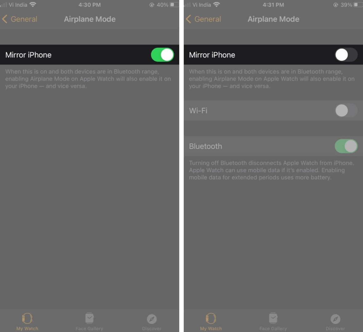 Turn Off Mirror iPhone in Watch App