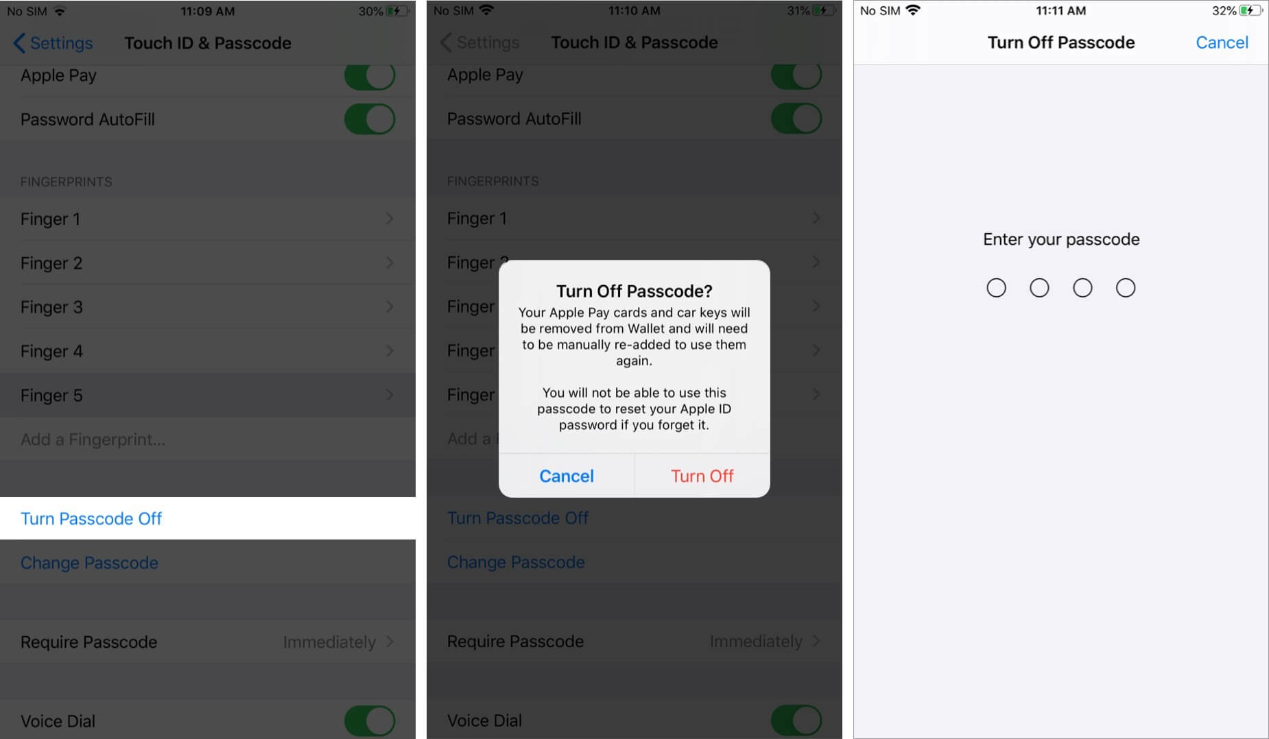 turn off passcode for touch id on iphone