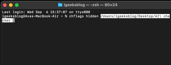type chflags hidden command in terminal
