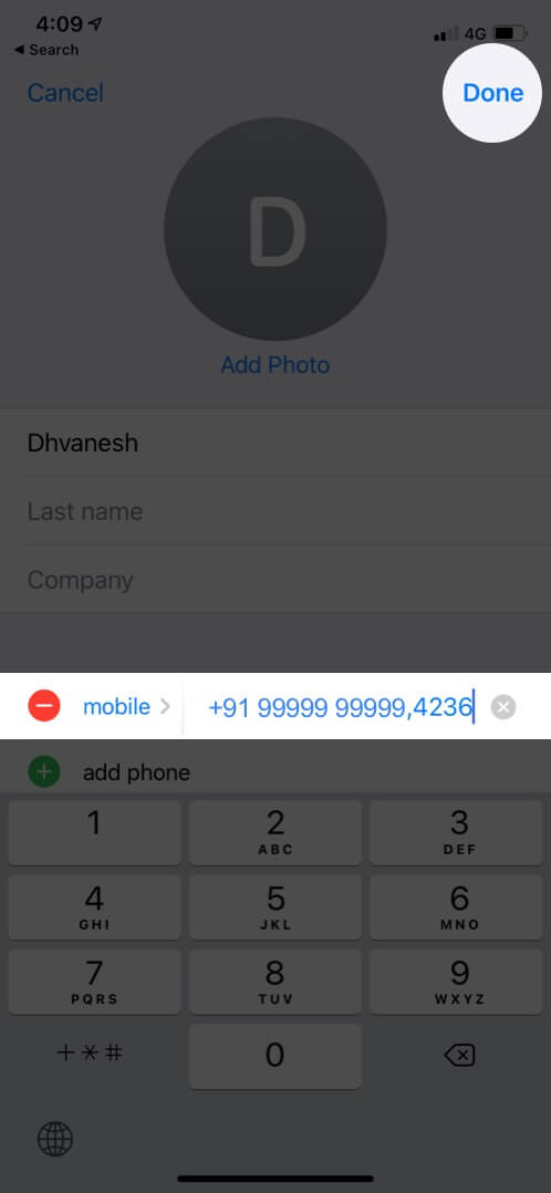 Type Extension and Tap on Done to Save Extensions in iPhone Contacts