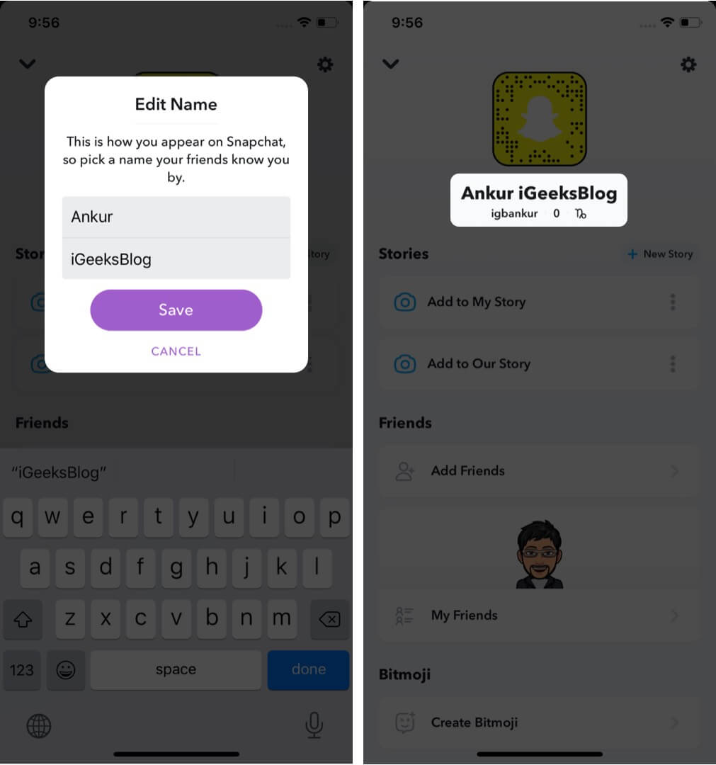type new name and tap on save to change snapchat display name on iphone