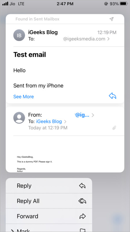 Use long-press to preview Mail app content