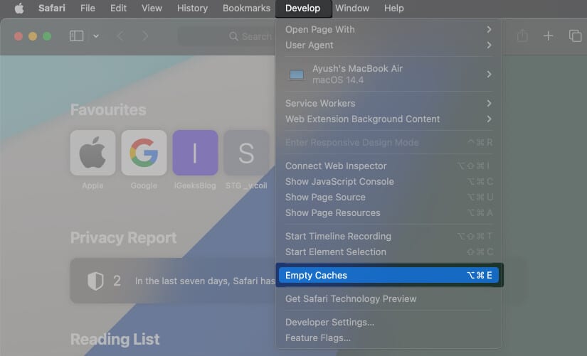 Click Develop from the Menu bar and Select Empty Caches
