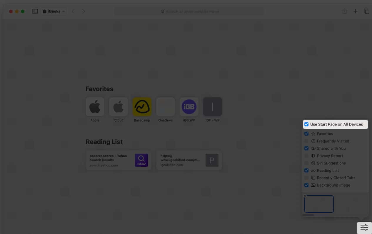 Click menu bar icon, and select Start Page on all devices to sync Safari home page