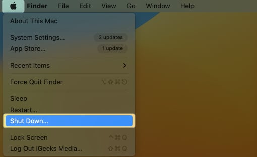 Click on Apple icon and select Shut Down