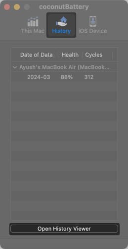 Click on the History tab in Coconut battery tab and click on open history viewer