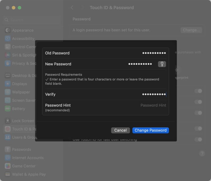 Enter new and old password, verify the new login password and click change password on your Mac