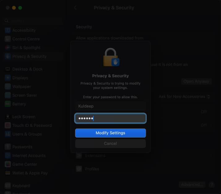Enter passcode Modify Settings