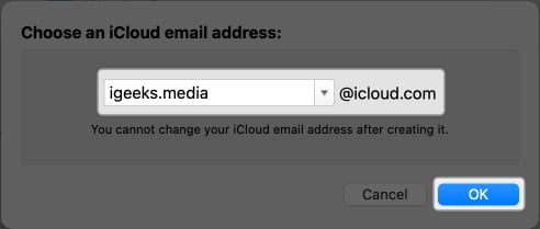 Enter the name you want for your iCloud mail and tap OK