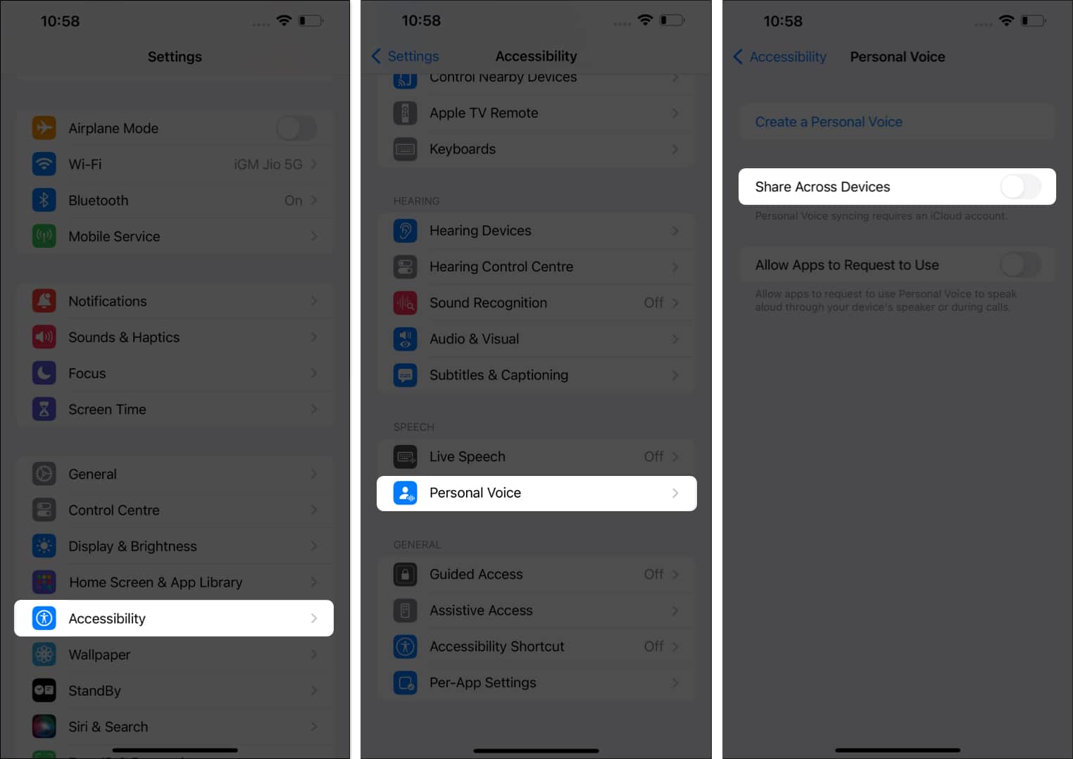 Go to Accessibility, select Personal Voice, toggle off Share Across Devices