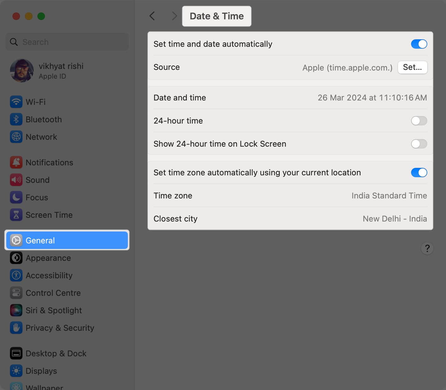 Go to General and check for the Date and time settings on your Mac