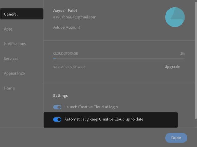 Go to General tab and Toggle on Automatically keep Creative Cloud up to date on Mac
