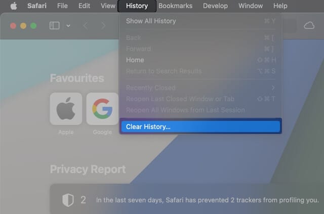 Go to History and select Clear History in Safari on Mac