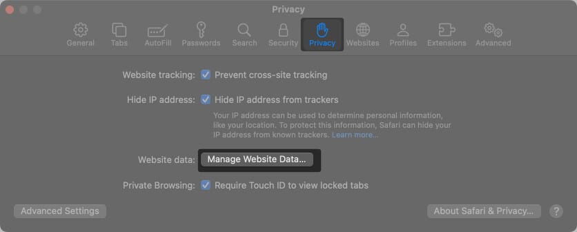 Go to the Privacy tab and Select Manage Website Data
