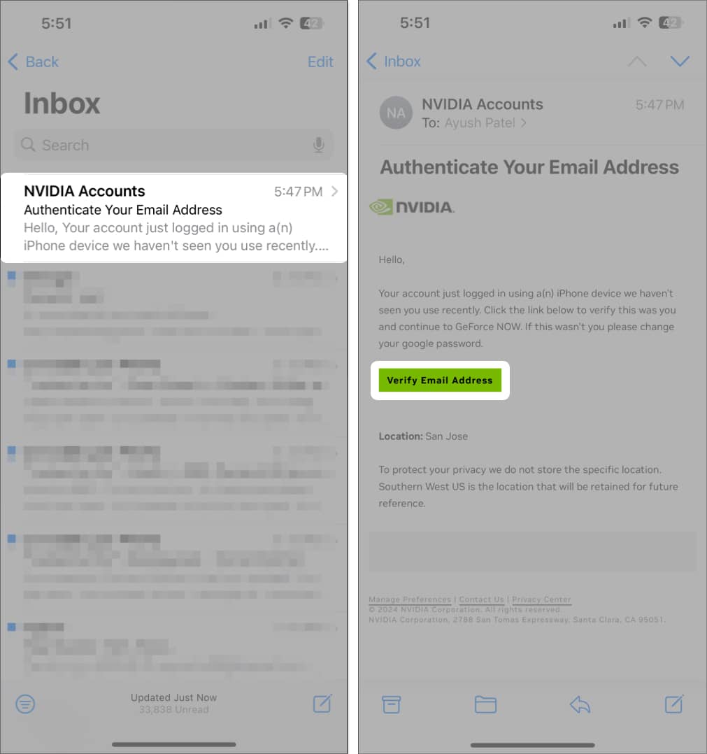 Go to your mail app, open the Nvidia mail and tap on Verify email address