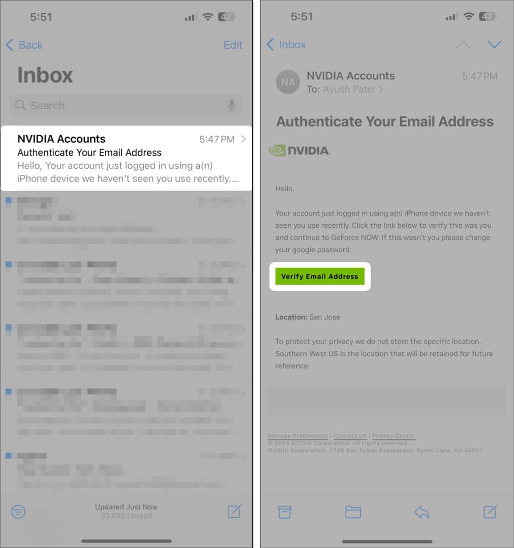 Go to your mail app open the Nvidia mail and tap on Verify email address