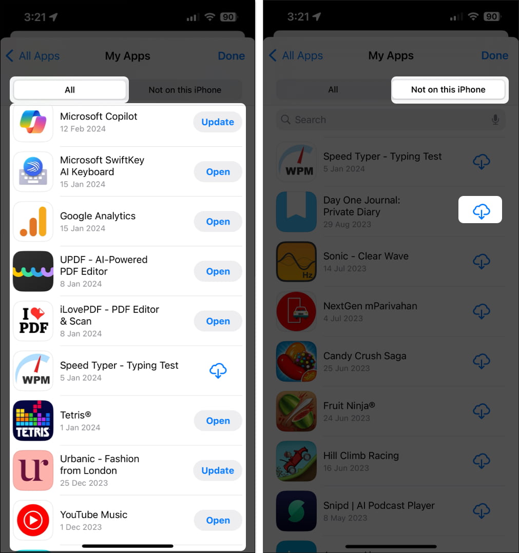 Here is the list of all apps currently or previously installed, tap on Not on this iPhone and select the blue Cloud icon to reinstall it