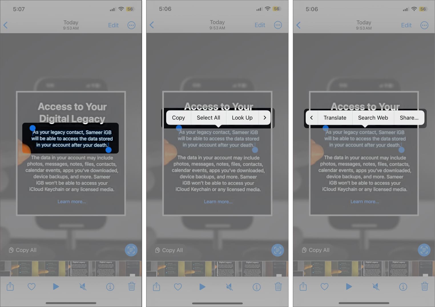 Long press on the select text your want to copy and select the option from the floating menu