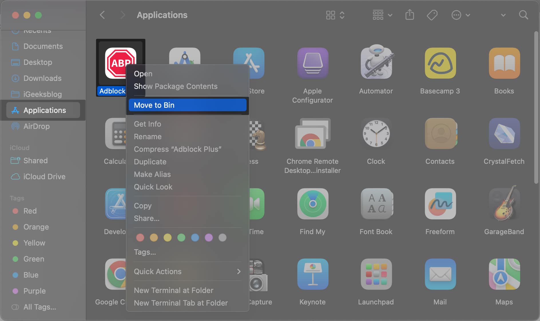 On your Mac, open Finder, Applications, select the Adblocker app, right-click and select Move to Bin