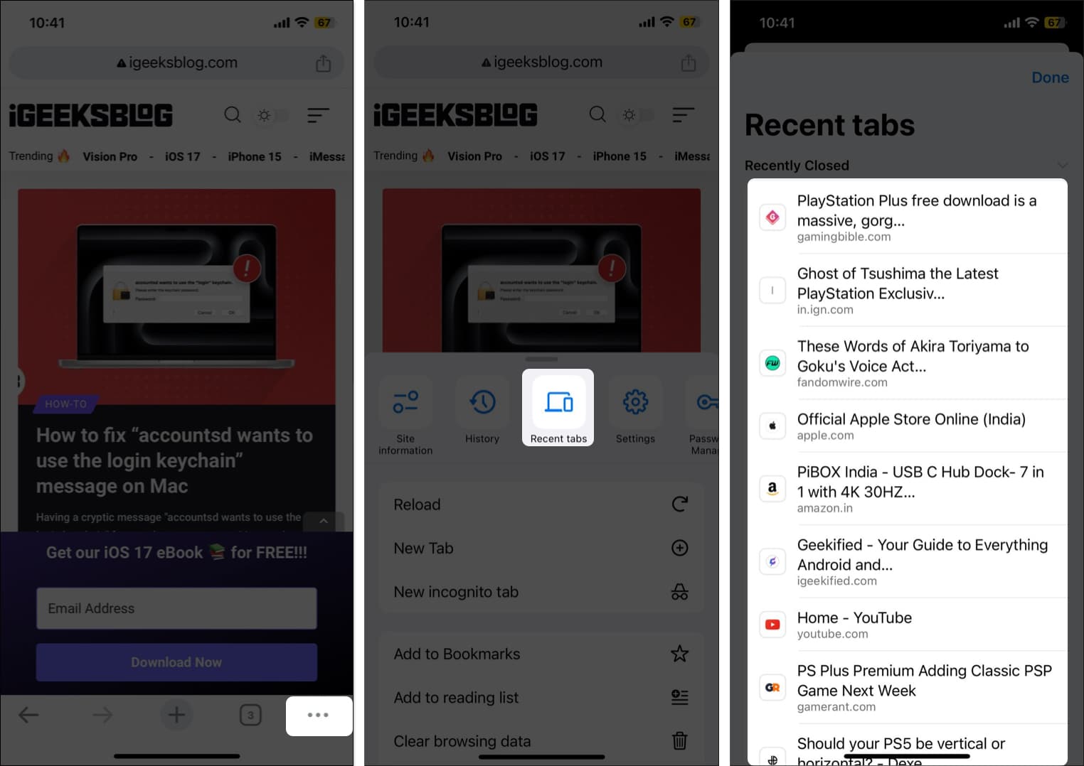 Open Chrome, Tap More icon, Select Recent tabs and select the Web Page you want to reopen in Chrome on your iPhone or iPad
