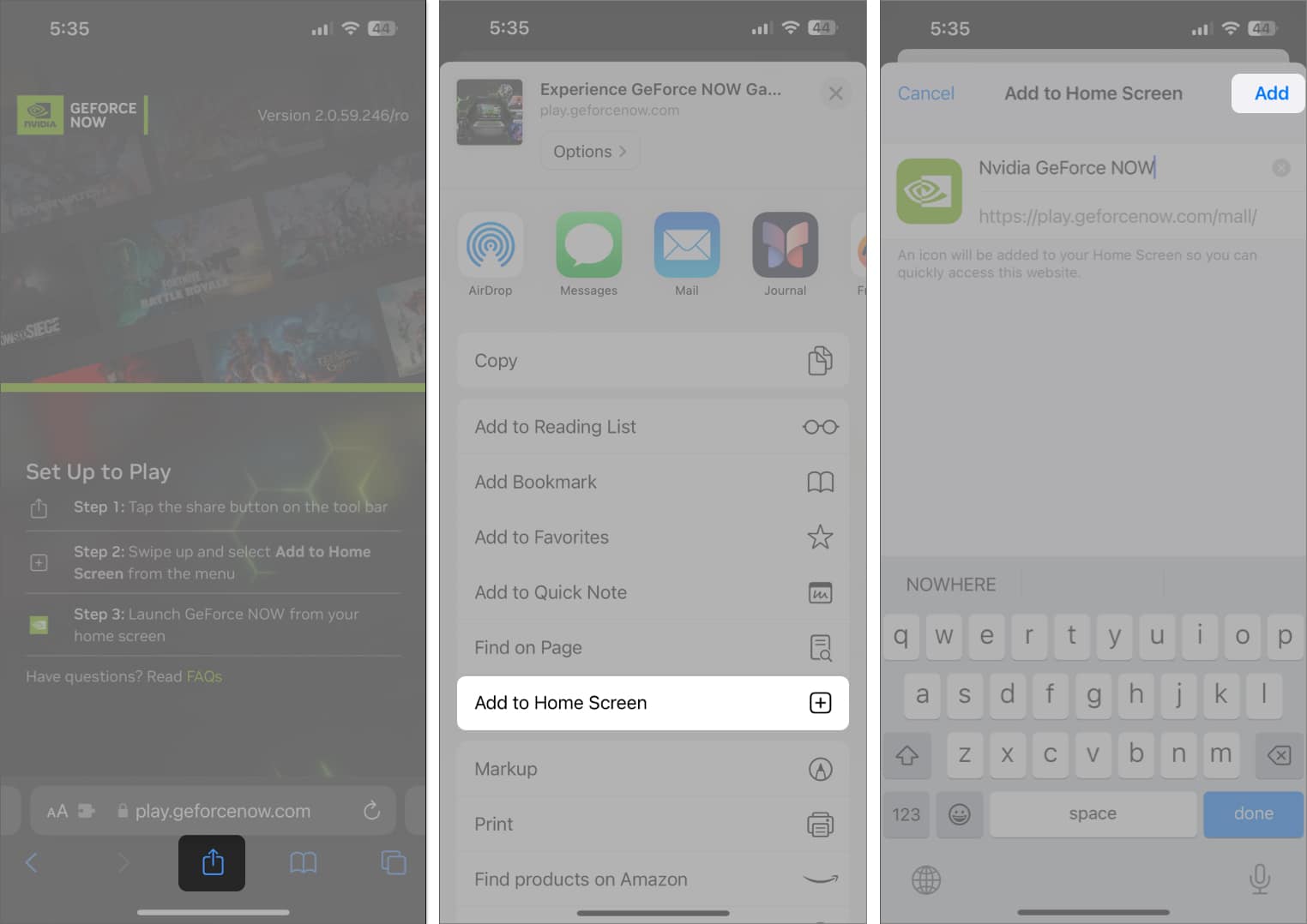 Open Geforce now in Safari tap on share icon select Add to Home Screen and tap Add