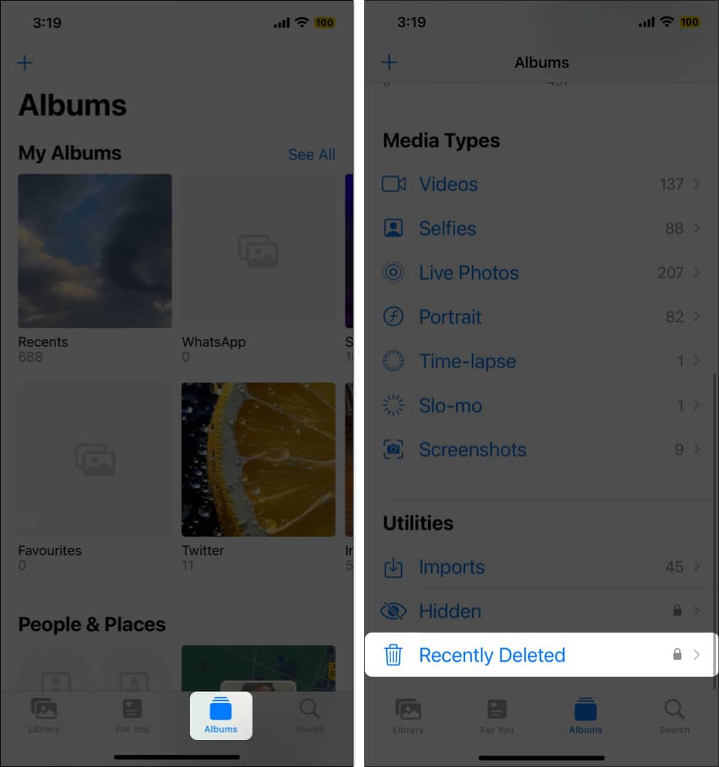 Open Photos app on you iPhone, select Albums and scroll down to Recently Deleted