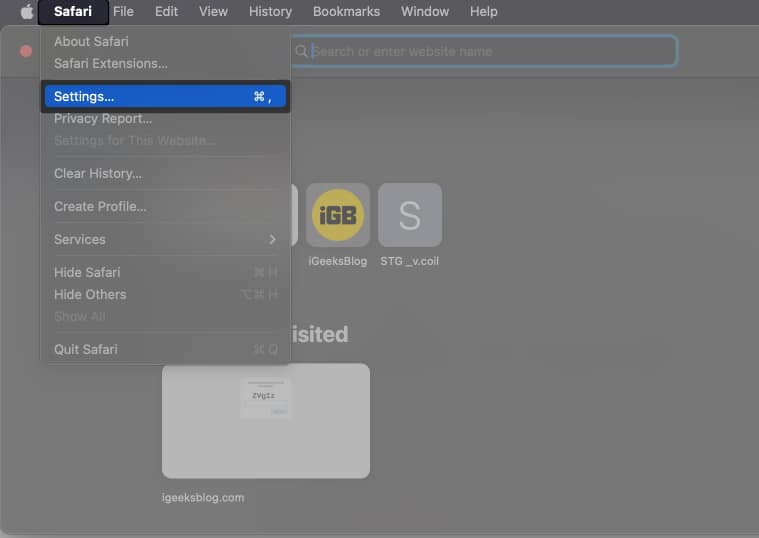 Open Safari on your Mac, select Safari from menu bar and select Settings